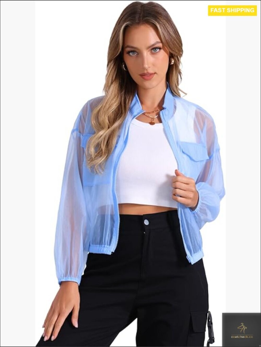 Sheer Bomber Jacket Zip Up Mock Neck Long Sleeve See Through Mesh Lightweight